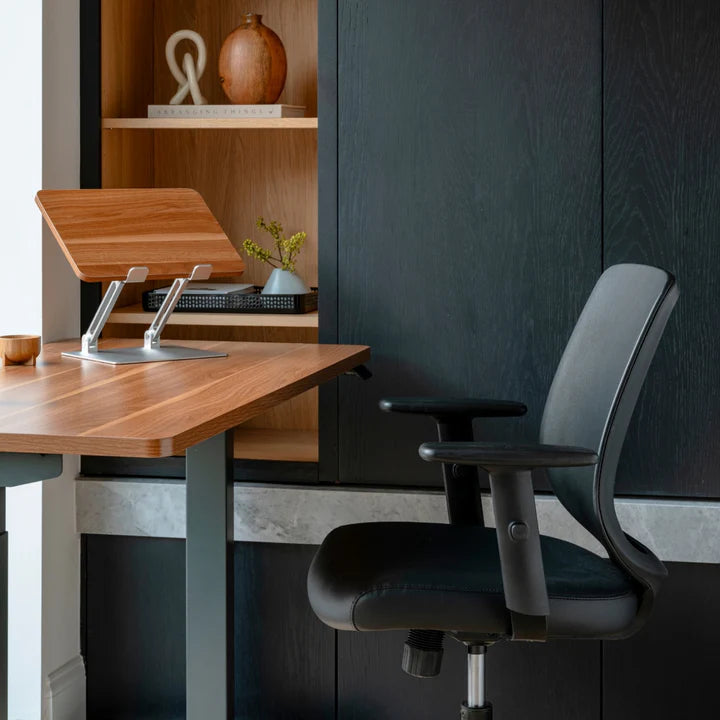Ergonomic Collapsible Laptop Stand Featuring Wood Grain Panel and Dual-Angle Adjustment Levers